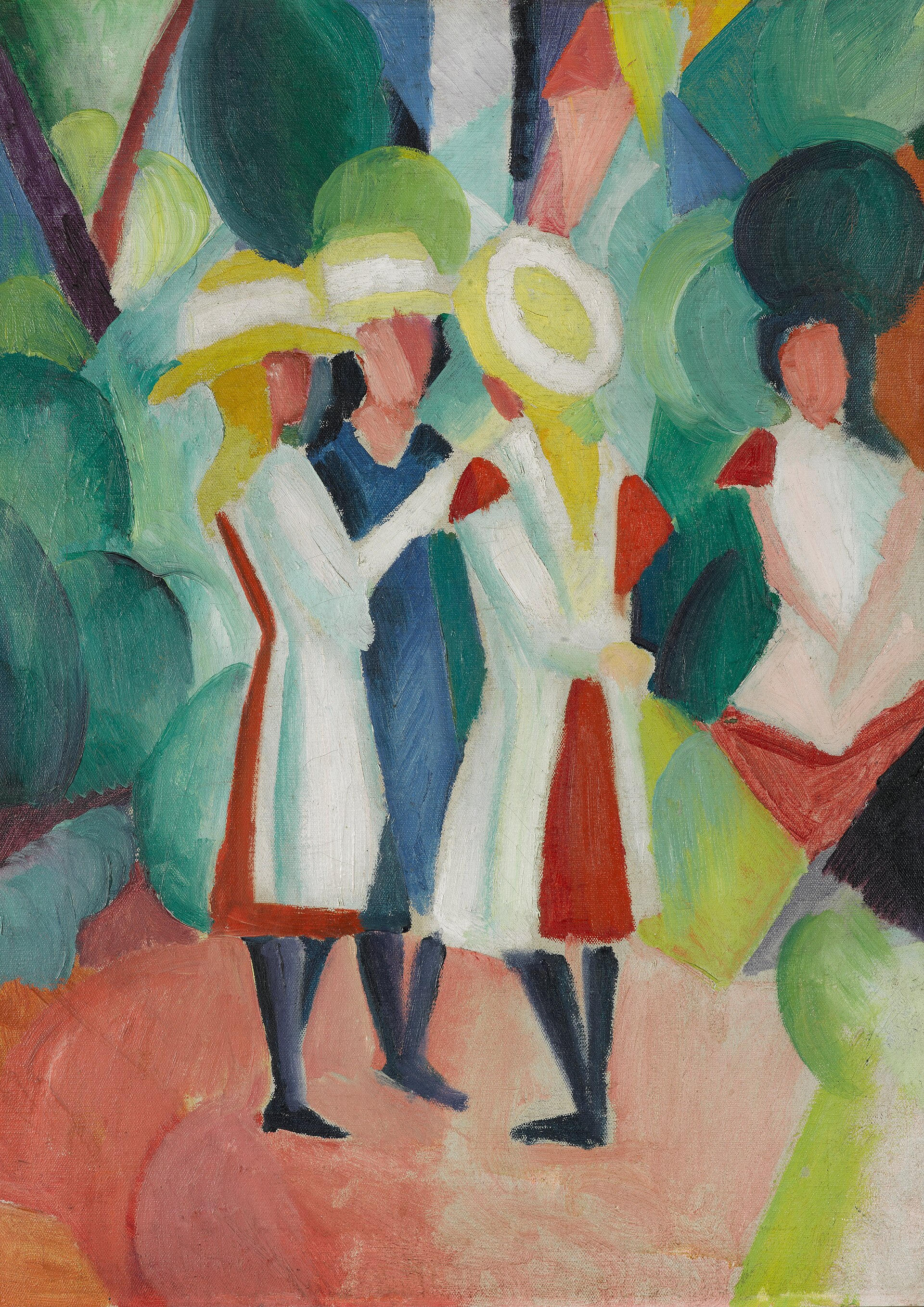 Three Girls in Yellow Straw Hats — three figures in a sunlit Expressionist scene, suggesting paired conversation