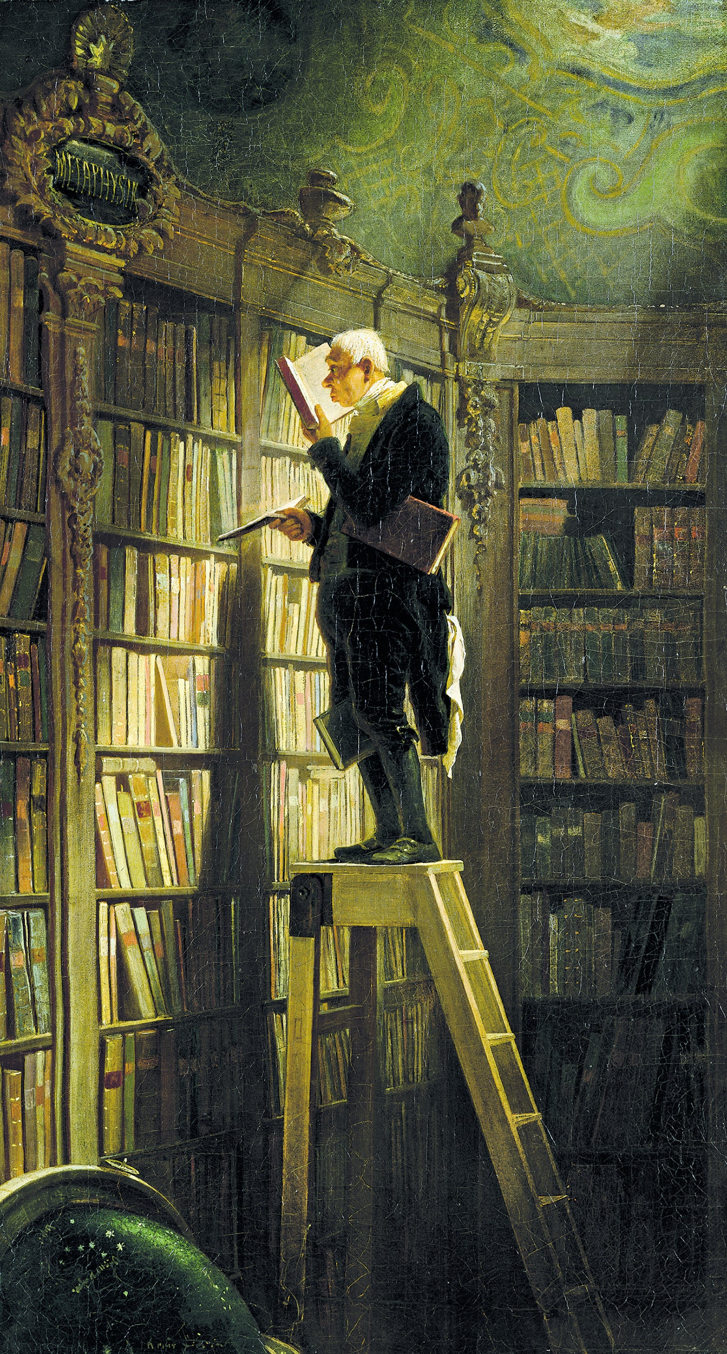 Carl Spitzweg's Der Bücherwurm — a scholar perched on a ladder, deep in old books